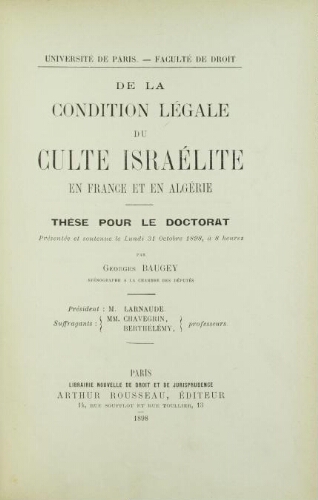 De la condition légale du culte israélite en France et en Algérie